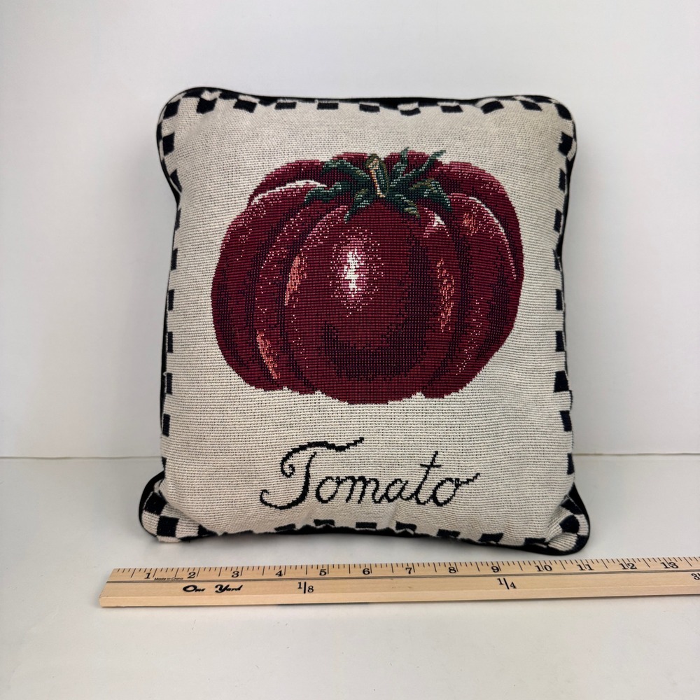 Vtg Needlepoint Tomato Decorative Pillow Checkered Border about 13.5x13in‎ READ